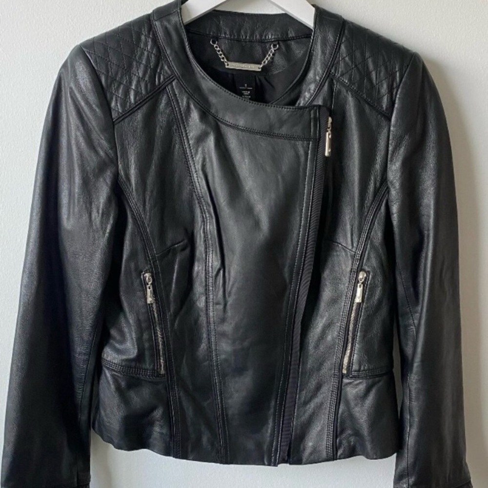 White House Black Market Black Leather Moto Jacket | Size S | Quilted Detail
